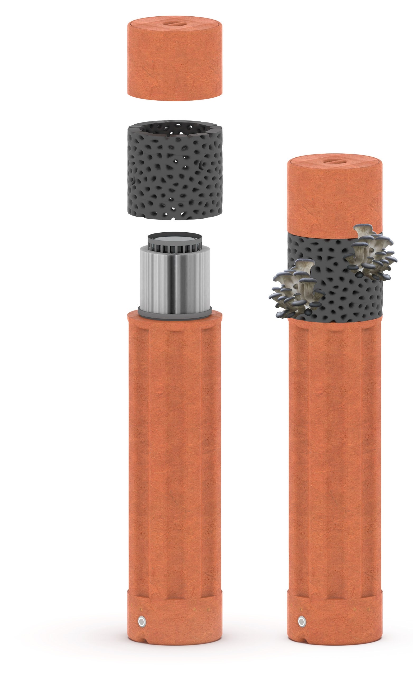 Exploded view — reservoir, MycoCore, fan and terracotta body