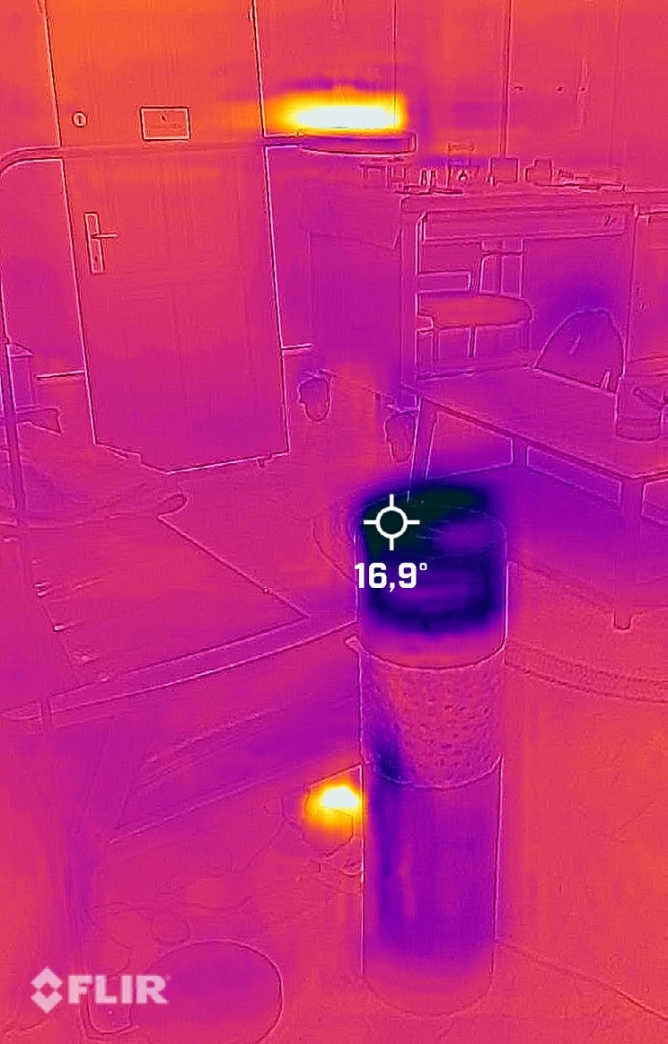 FLIR thermal image — the stack cooling below ambient