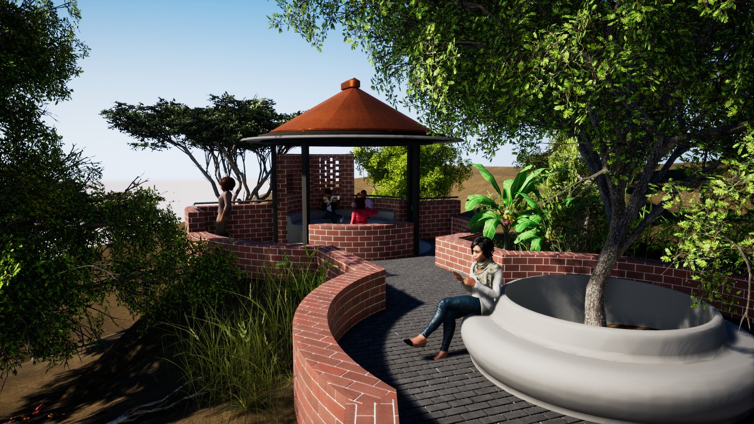 Design render: curved brick seating wrapping a tree beneath the pavilion roof