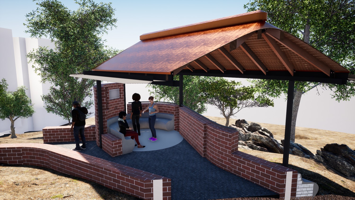 Design render: pavilion interior with a perforated brick screen wall and gathered seating