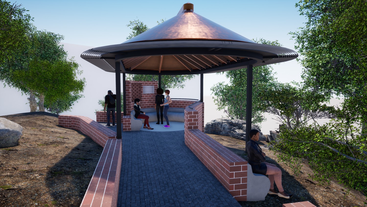 Design render: pavilion exterior with its tall conical roof