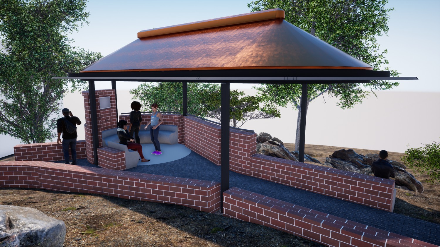Design render: pavilion roof and boundary wall over the curved seating