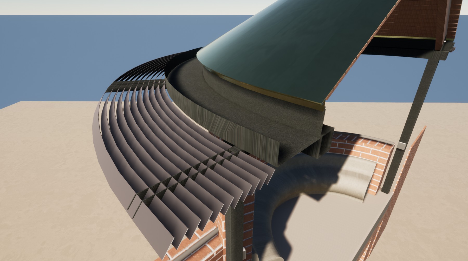 Detail: the curved eave and gutter of the pavilion roof