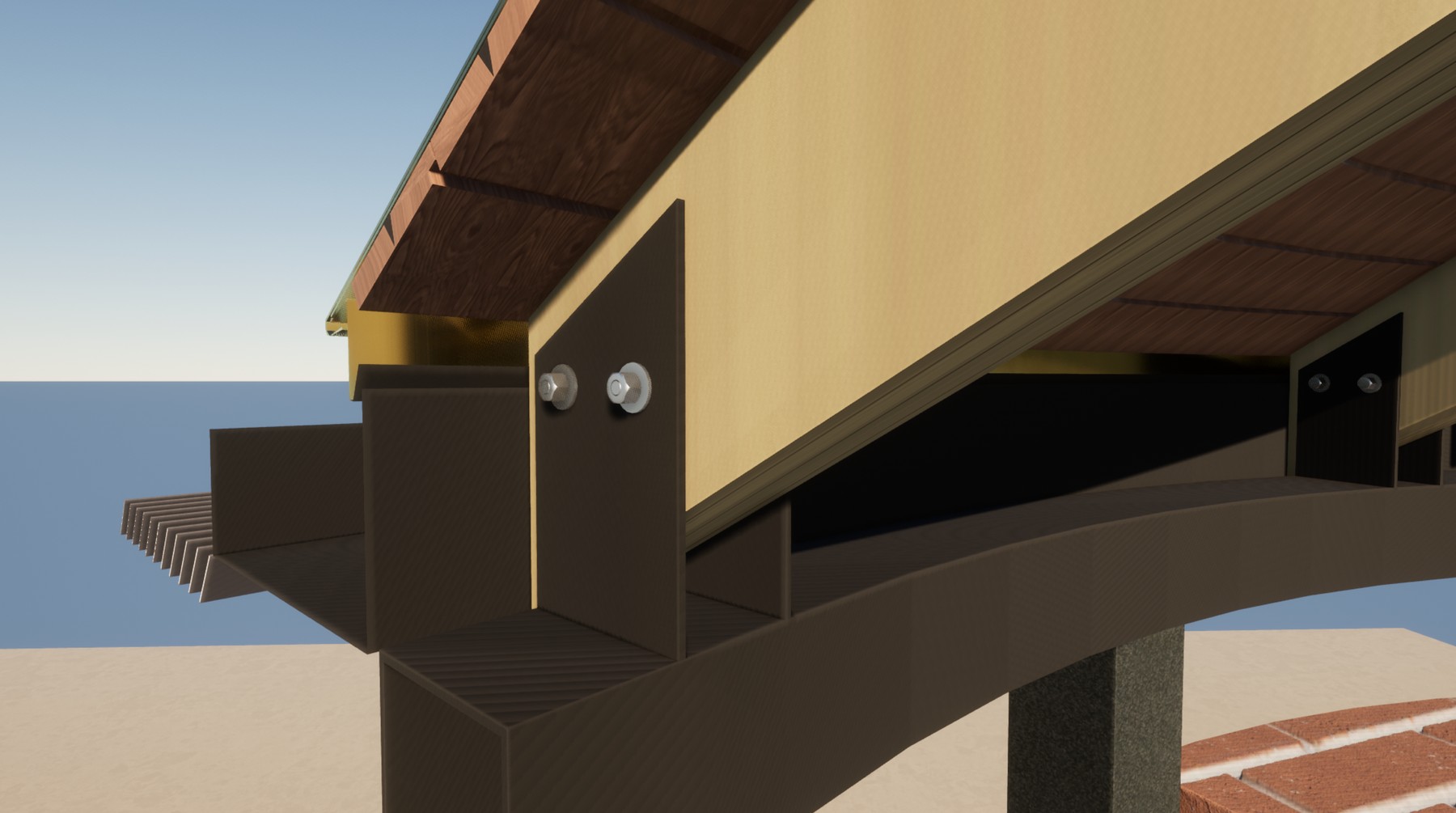 Detail: steel bracket and bolted connection carrying the roof beam