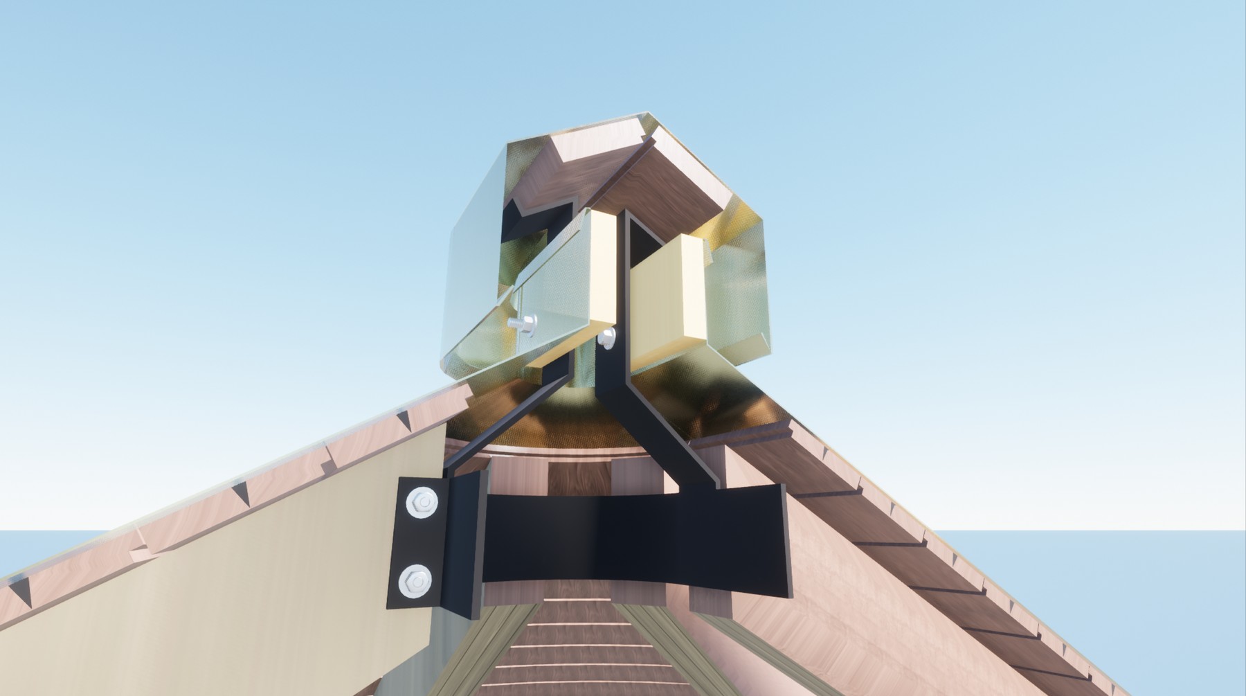Detail: the apex skylight and structural plate at the crown of the roof