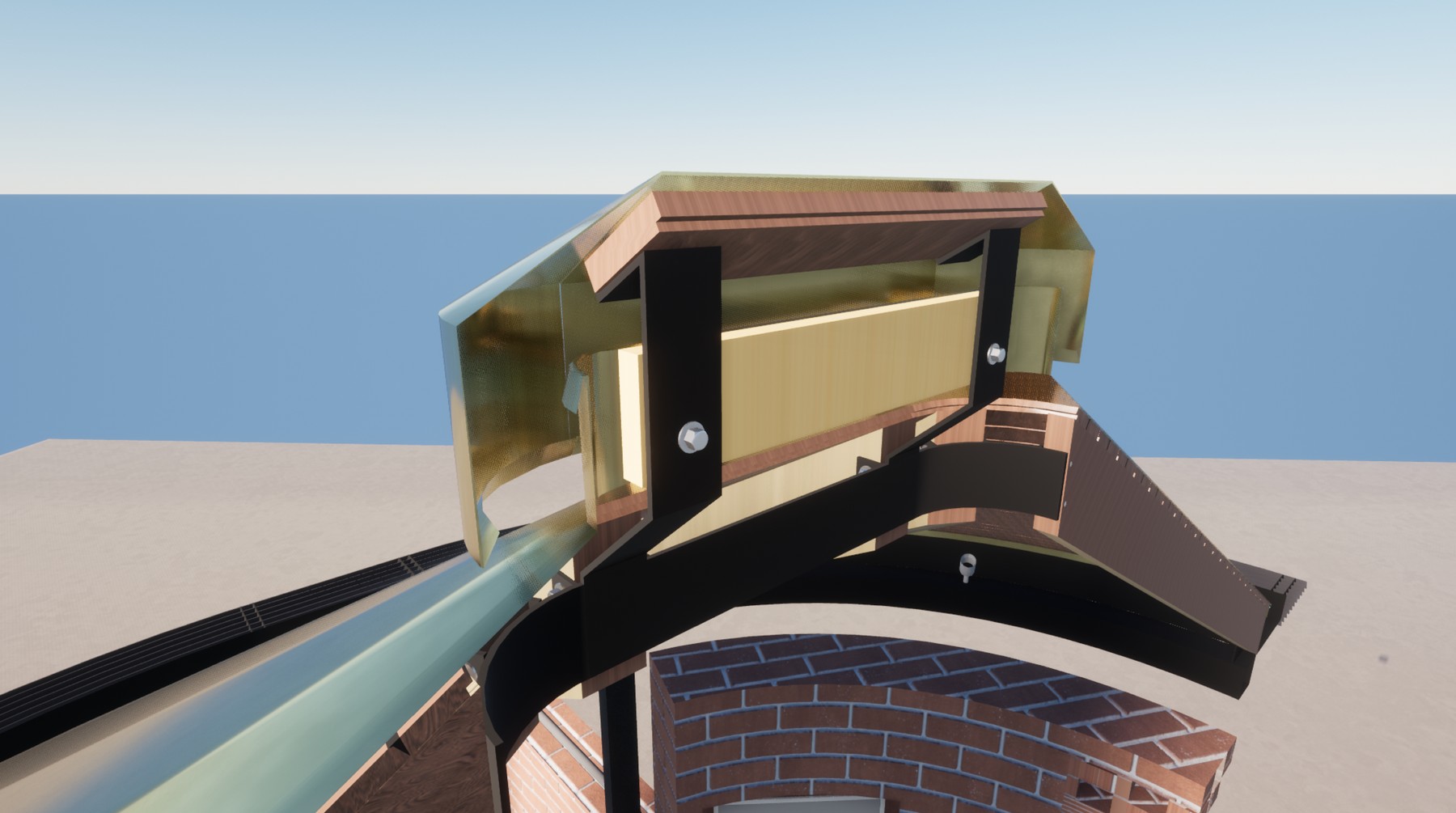 Detail: copper flashing and steel bracket at the roof junction