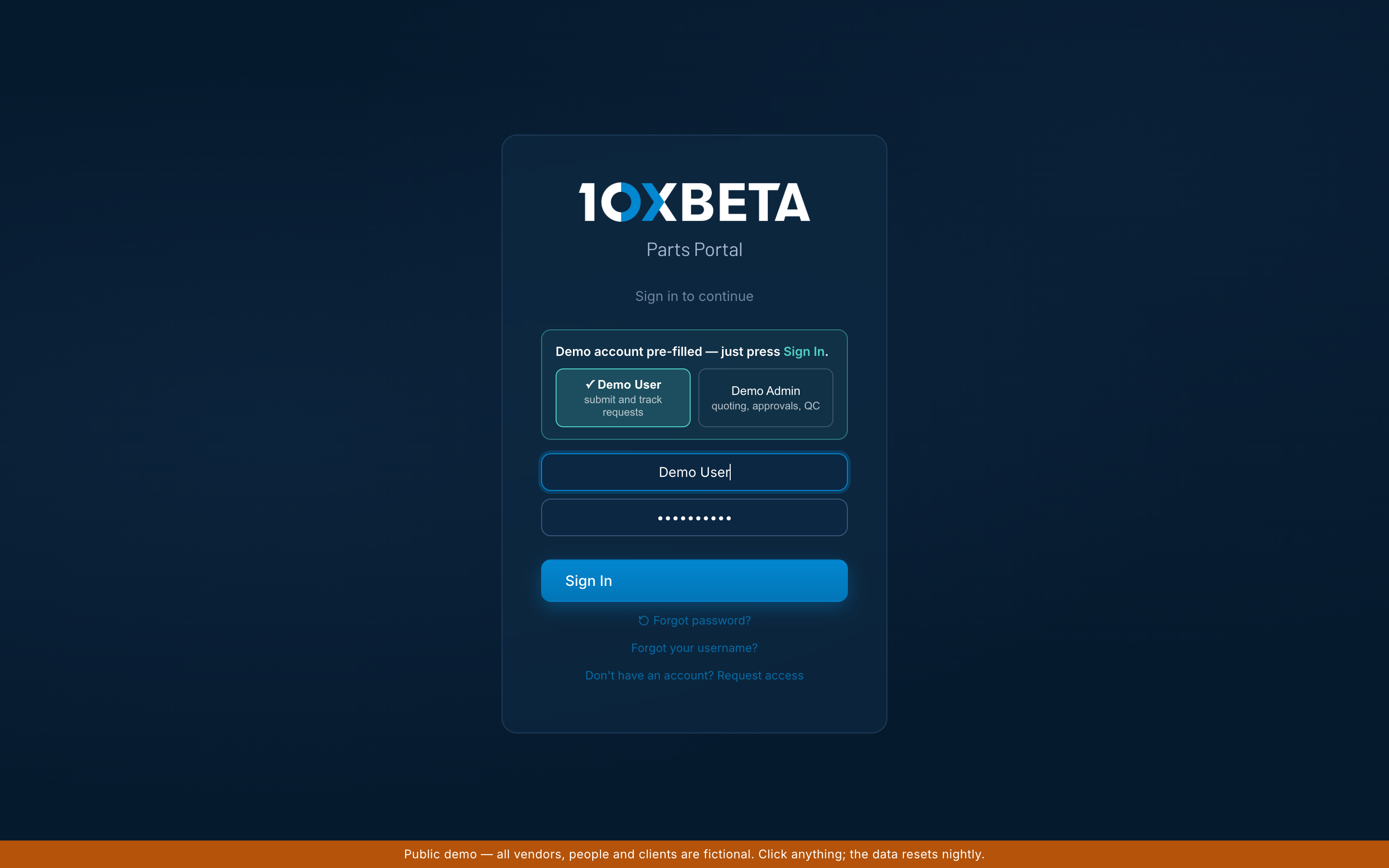 Demo login page with the demo account pre-filled