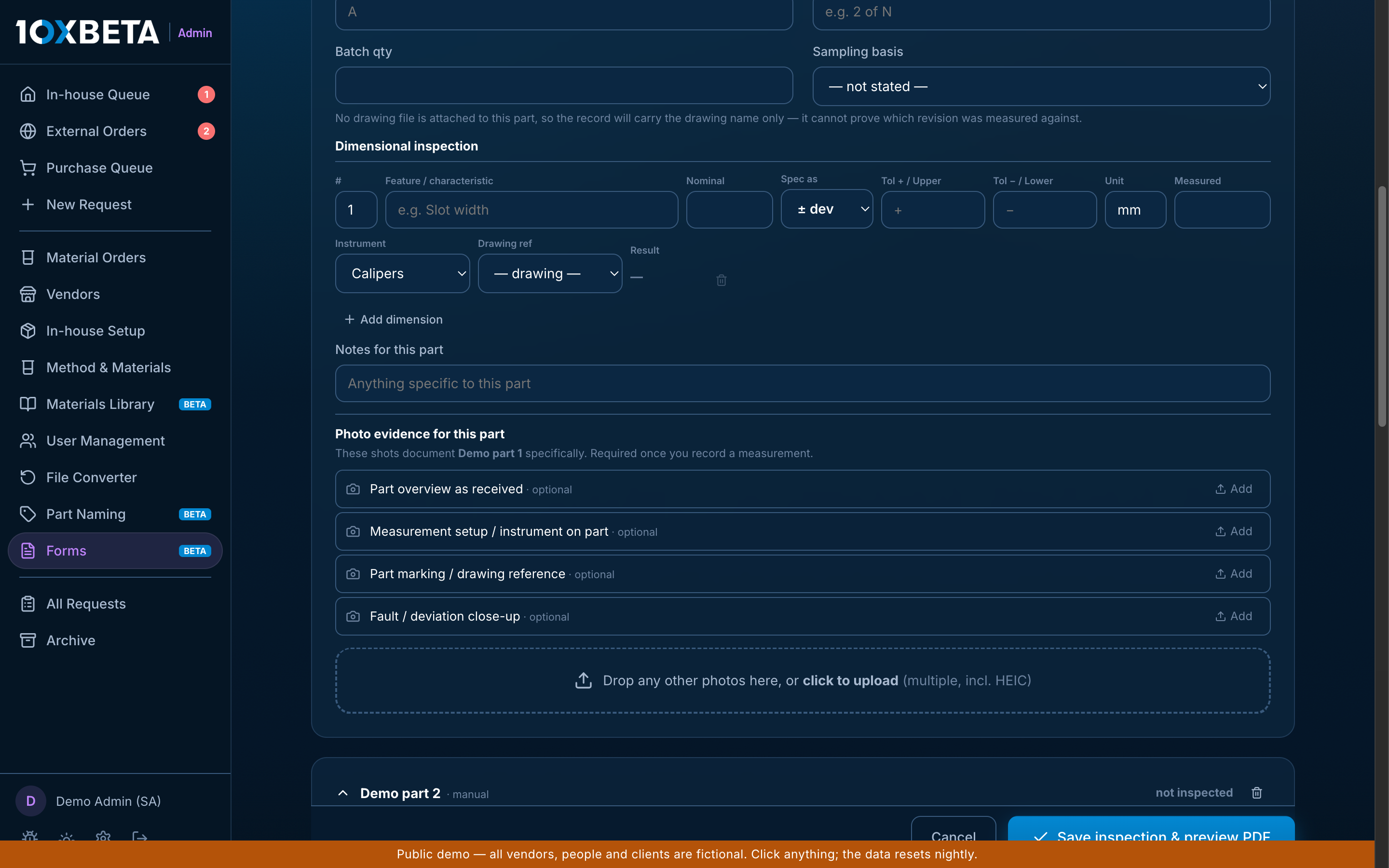 Part inspection form with dimensional table and named photo-evidence slots per part