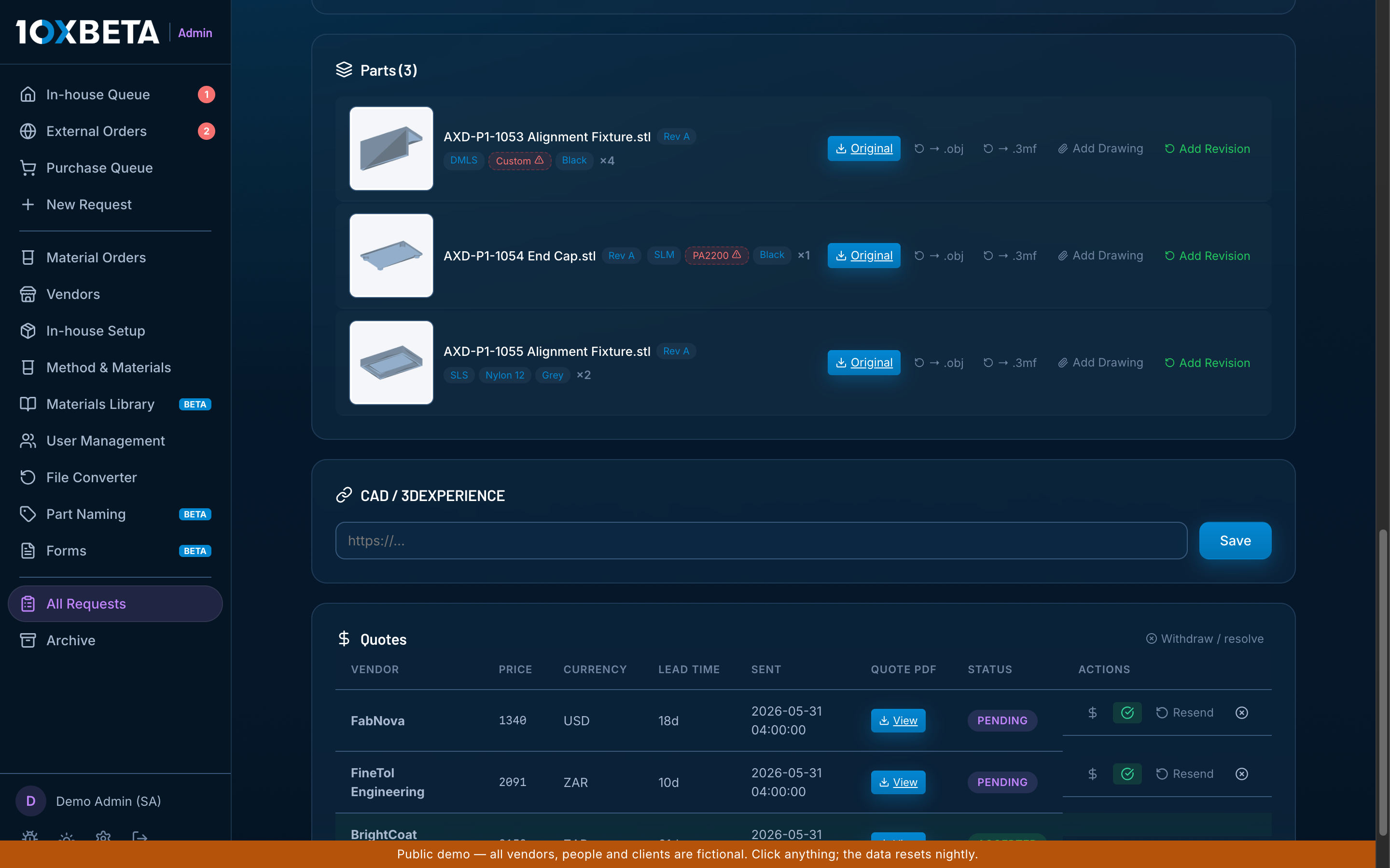 Parts list with 3D thumbnails, spec chips, quote comparison table
